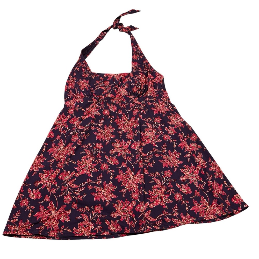 Lands End Womens Swimsuit Dress Dark Purple Red Floral L 14-16 One Piece Resort